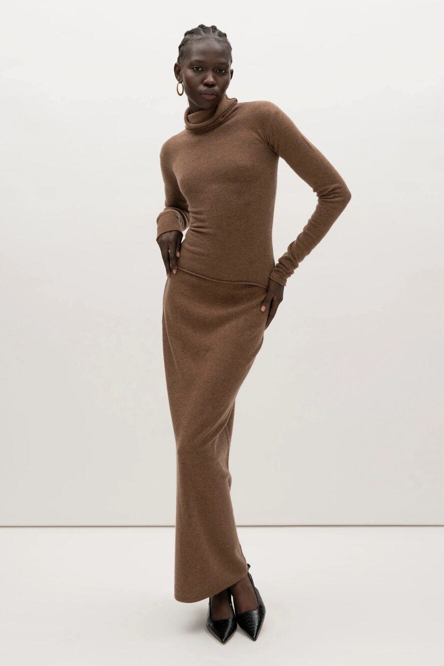 Roari Brown Cashmere Wool Pull On Maxi Ava Skirt Brown L